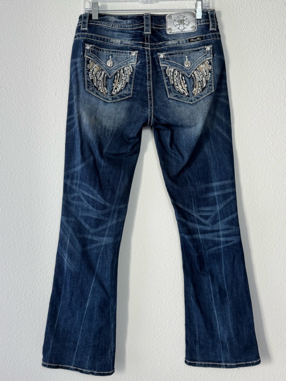 Miss Me Jeans Size 29 Mid-Rise Bootcut Embellished Wing Pocket Medium Wash Y2K